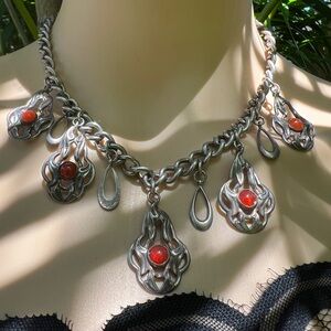 Old Art Nouveau Jugendstil Sterling Silver Carnelian Gemstone Necklace